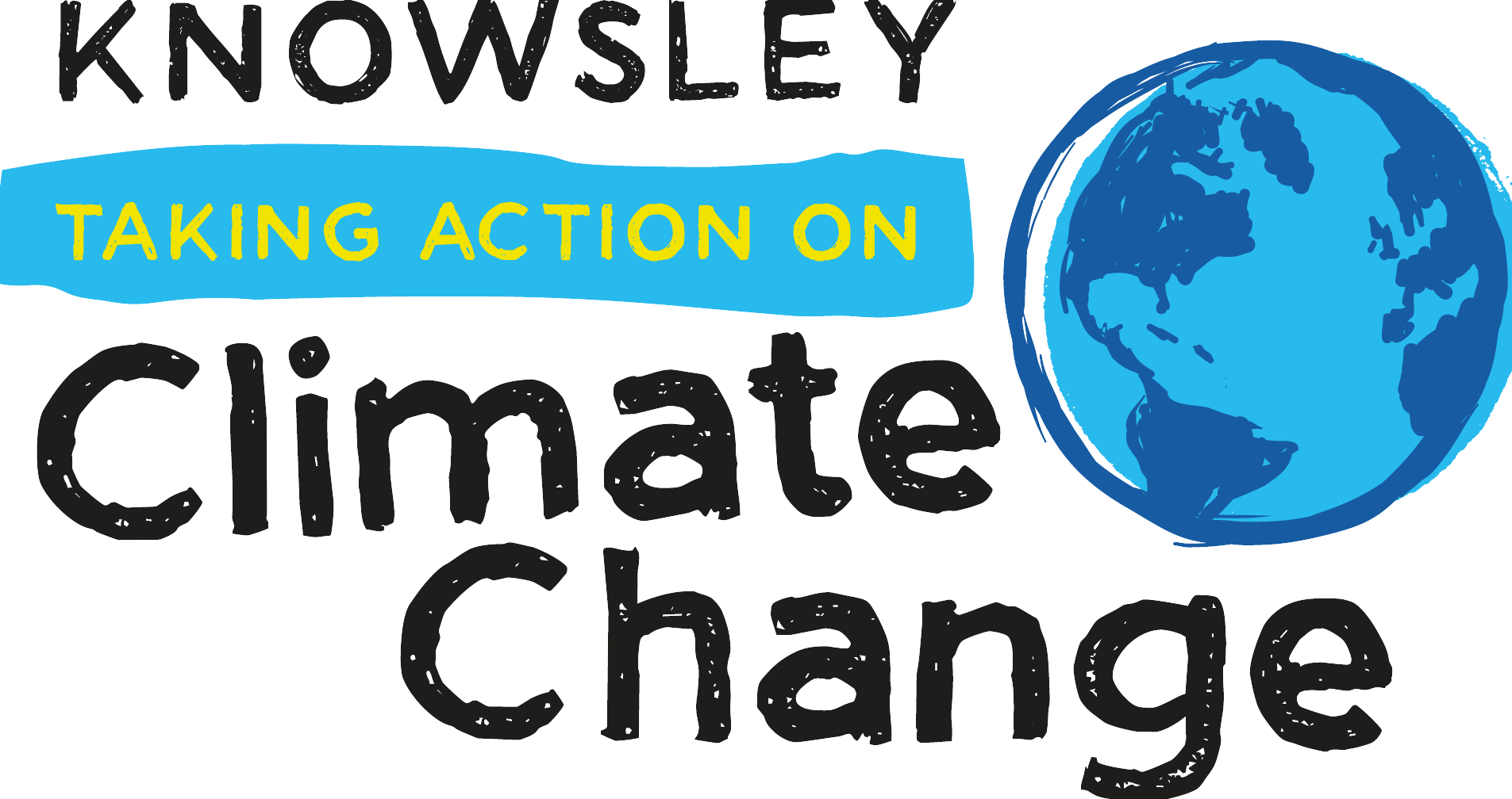 Knowsley Taking Action on Climate change logo text with blue planet earth graphic