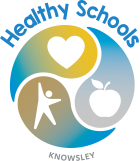 Healthy schools logo graphic showing heart, person and apple icons against a blue and yellow background