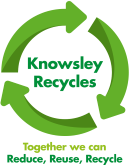 Knowsley recycles logo showing text in green circle made up of three joined green arrows