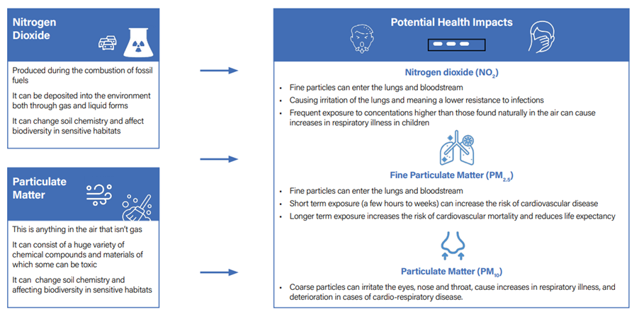 Diagram showing different pollutants and description of health impacts