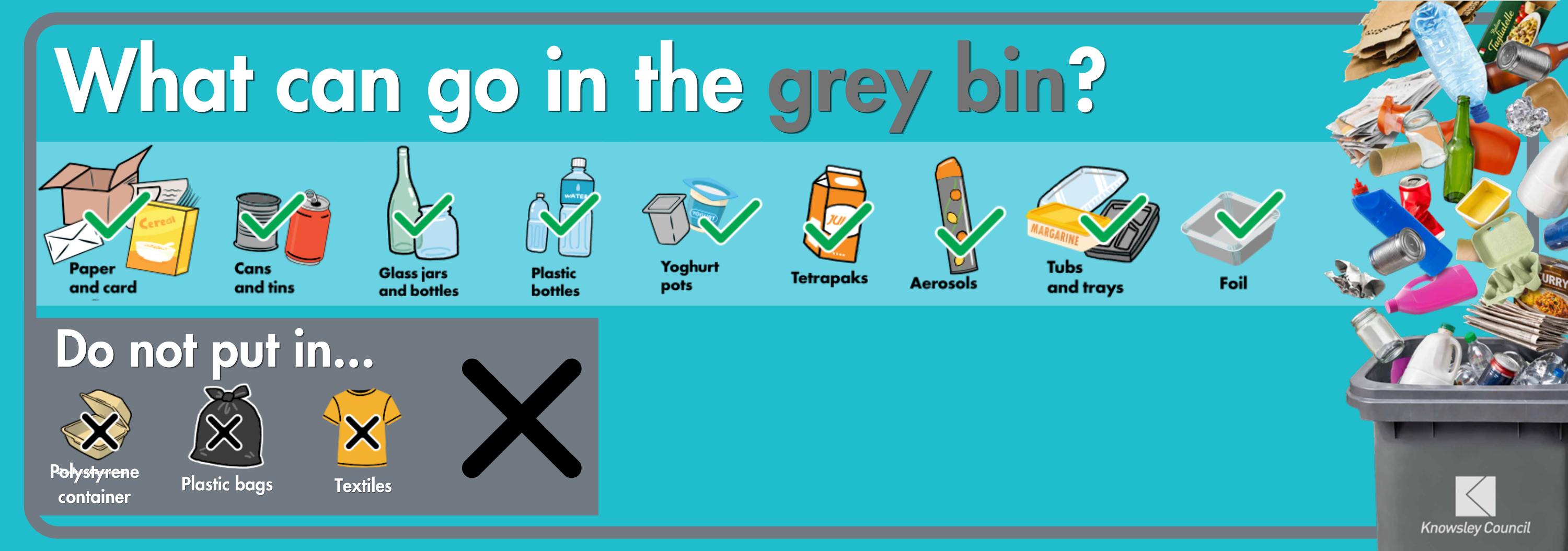 Graphic showing what waste items can be disposed of in your grey bin.