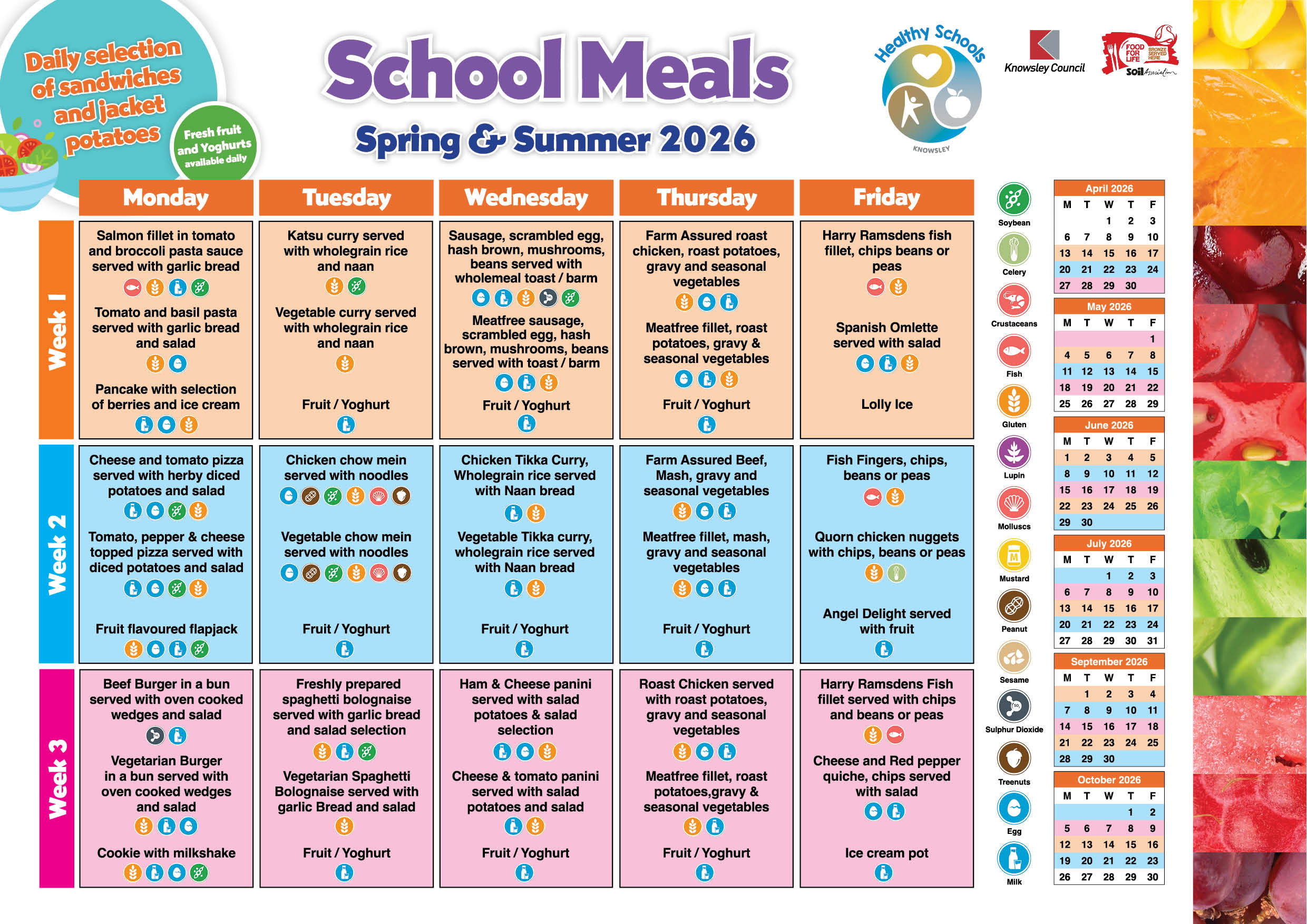 Table to show the school meals available during Spring and Summer terms in Knowsley Primary schools