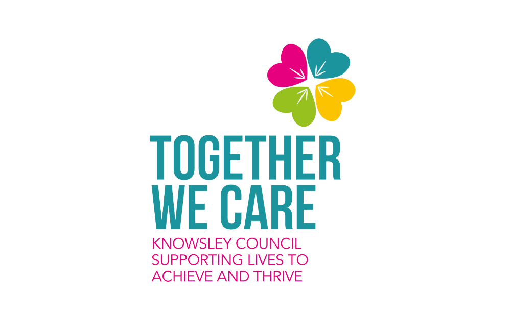 Together we care logo graphic showing flower petals in vibrant blue, yellow, pink and green colours.
