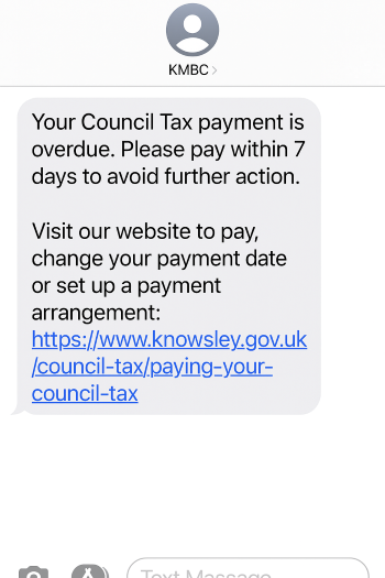 Graphic of SMS message sent to residents behind on Council Tax payments.