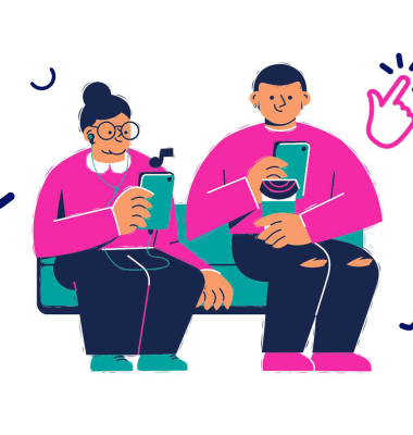 An illustration of two people sitting on a couch surrounded by icons depicting the internet.