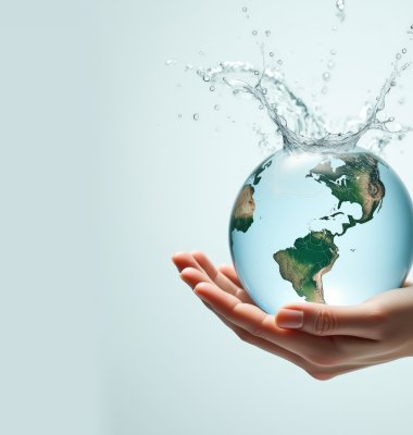 Photograph of hand holding earth globe with water splashing onto of it against a plain background