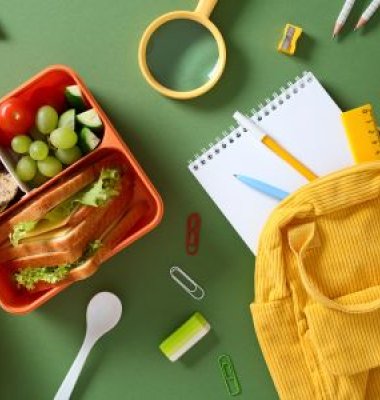 Photograph of a a plastic lunchbox containing fruit and sandwich and a yellow rucksack on a green surface