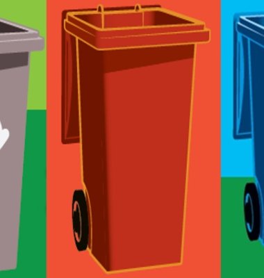 Graphic of grey, maroon and blue bins