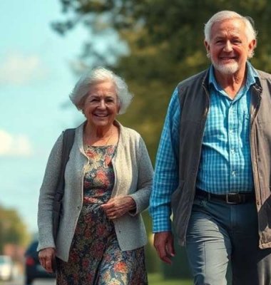 Photograph elderly couple walking down the road