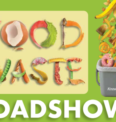Food waste roadshows promotional graphic showing food dropping into a recycling caddy