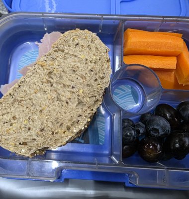 Photograph of a lunchbox containing a sandwich, carrot sticks and grapes