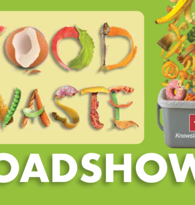 Food waste roadshows flyer showing a graphic of food waste dropping into a caddy on a green background