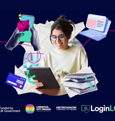 Promotional graphic showing a woman using a tablet PC