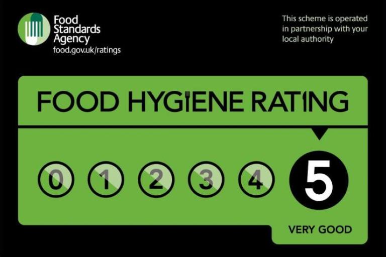 Food hygiene rating example showing a 5 star rating.