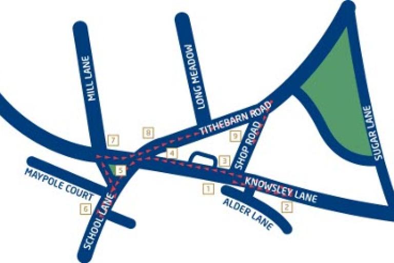 A map of the Knowsley Village heritage walk route.