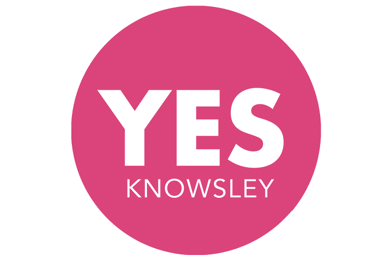 A pink circle containing the words YES Knowsley