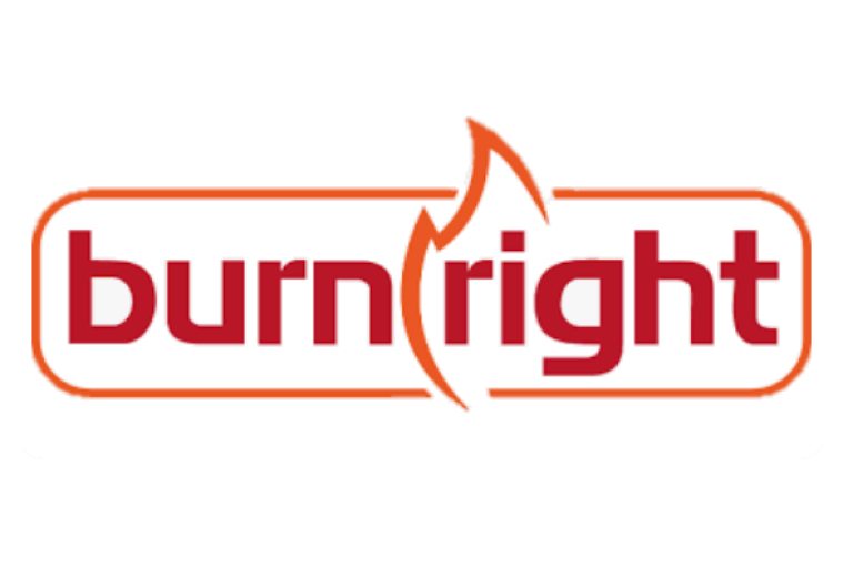 Graphic with the word Burnright in red text with orange border
