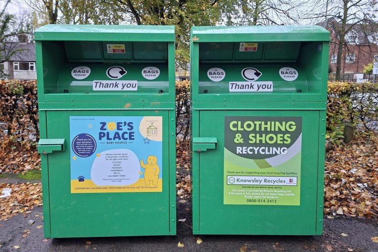 Photograph of a textile recycling bring bank at Archway Road, Huyton