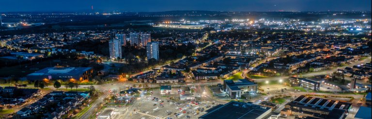 A landscape photograph of Kirkby Town Centre from above.