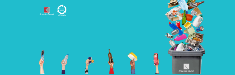 Recycling banner showing hands lifting recycling waste and food waste falling into a caddy against a marine background.