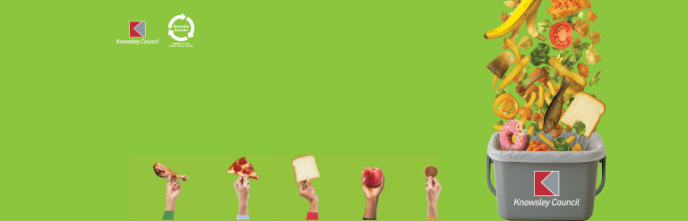 Recycling banner showing hands lifting recycling waste and food waste falling into a caddy against a green background.