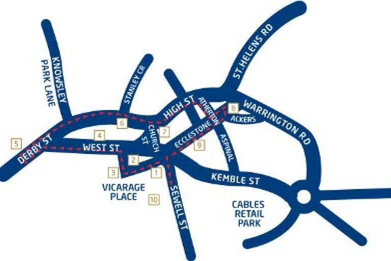 A map of the Prescot Heritage walk route.